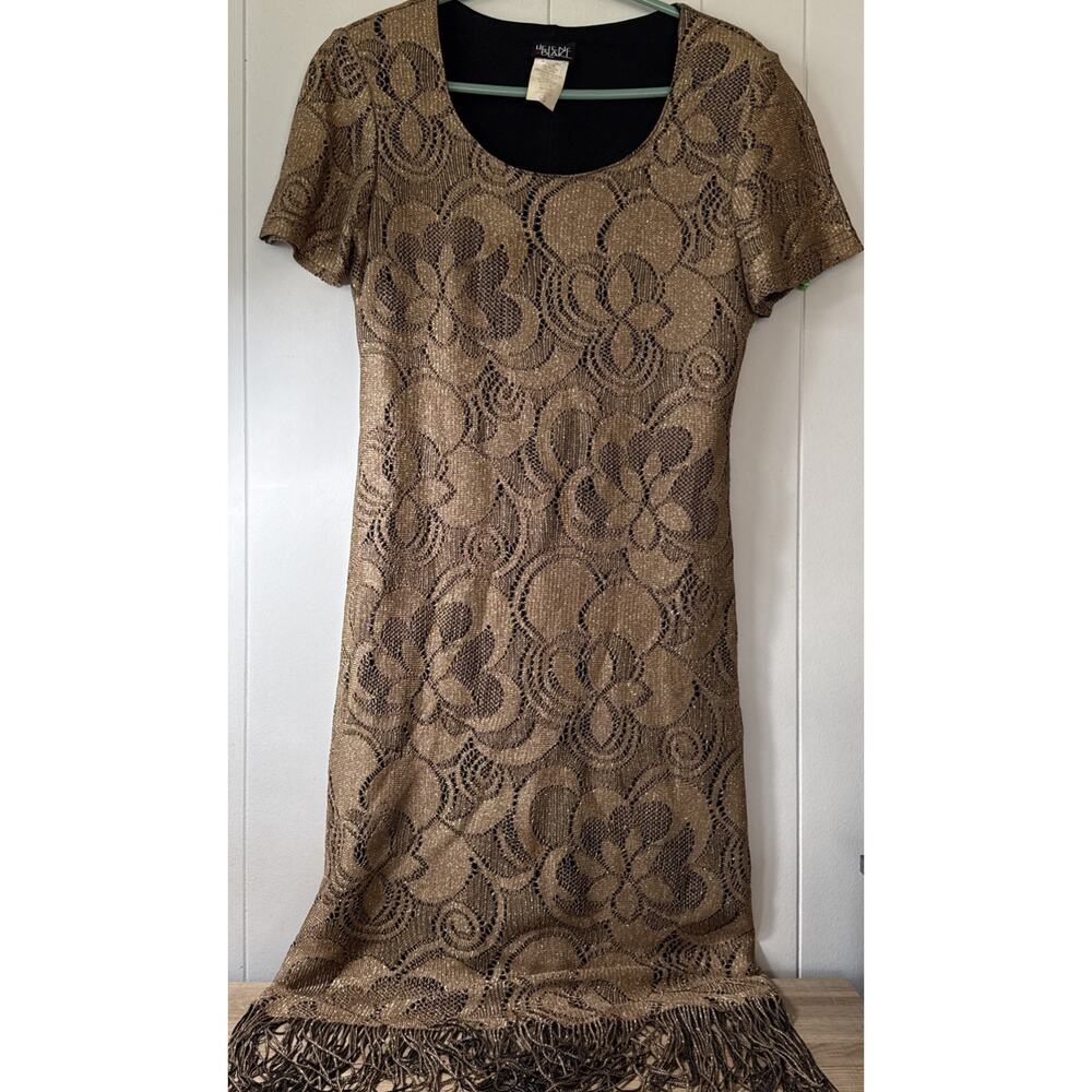 Helene Blake Dress Women’s 8 Crochet Fringe Tan Black Boho Midi Party Flapper V3